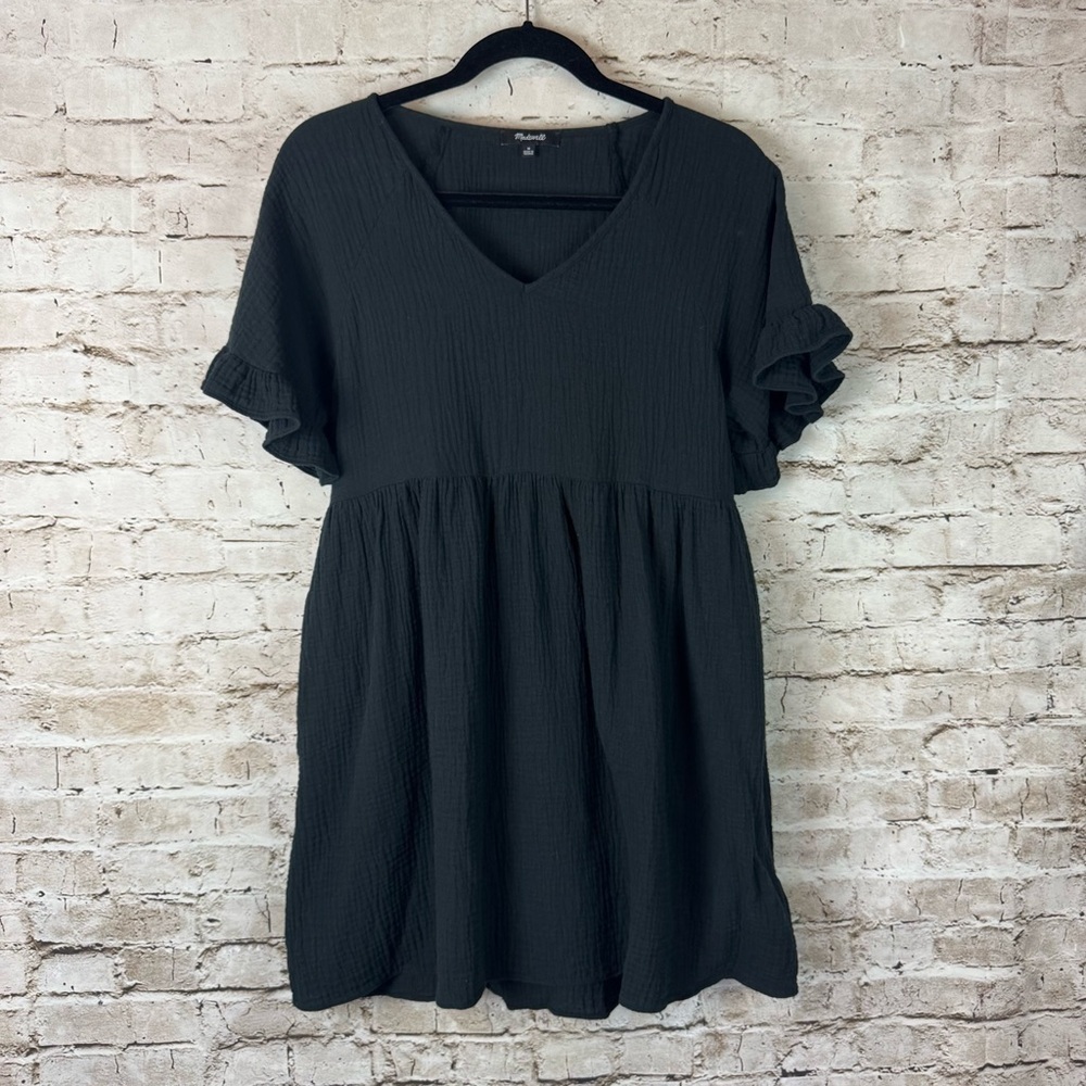 Madewell Women's Medium Ruffle Sleeve Easy Mini Dress Black V Neck N0258 Cotton - Picture 2 of 8